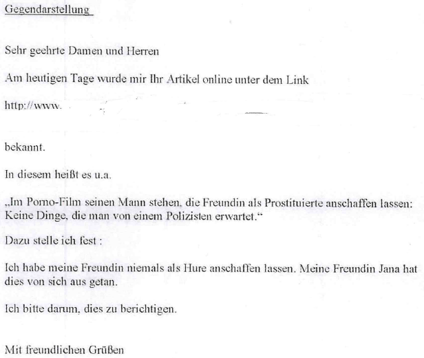 Beispiel einer ung&uuml;nstigen Gegendarstellung